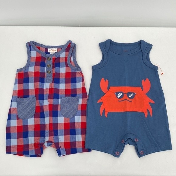 Baby Cat & Jack 0-3 months lot of 2 Blue Plaid Crab Shorts Romper Jumpsuit New - Picture 1 of 8